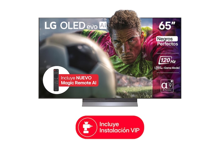 Vista de frente de la Smart TV LG OLED evo AI C5 4K. El emblema “OLED, número 1 del mundo durante 12 años” y el logotipo de LG OLED evo AI 2025 aparecen en la pantalla.